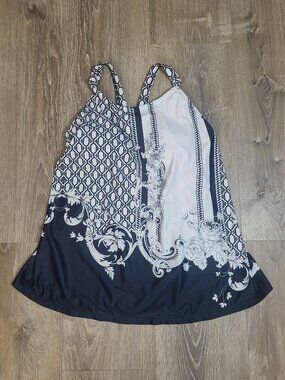 Navy White Baroque Floral Geometric Swim Tankini Top Only With Pads Size XL